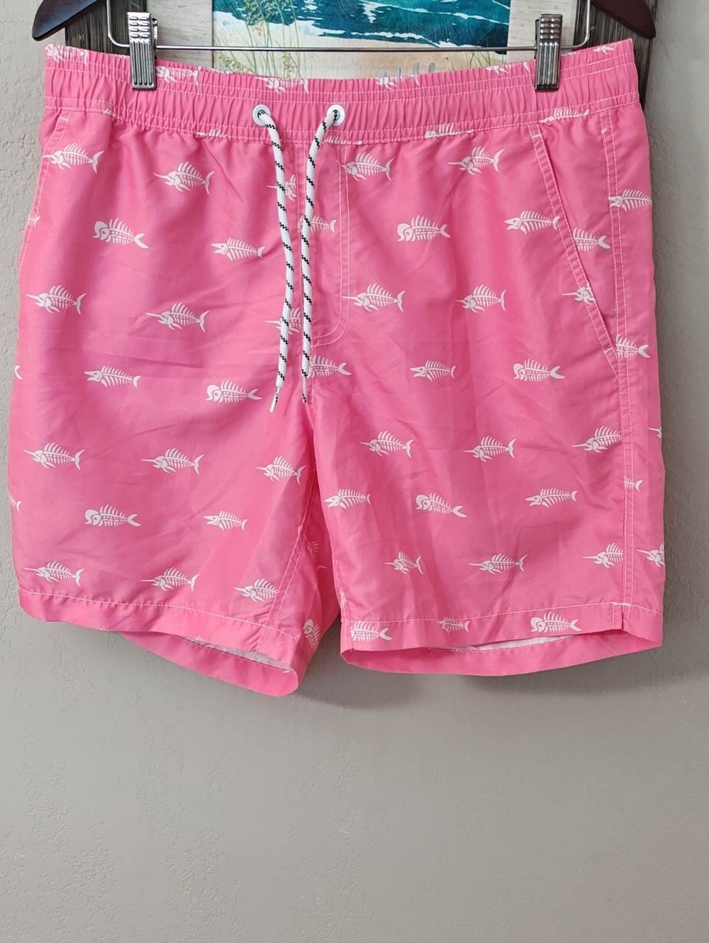 Men's Pink Fish-Skeleton Swim Trunks L